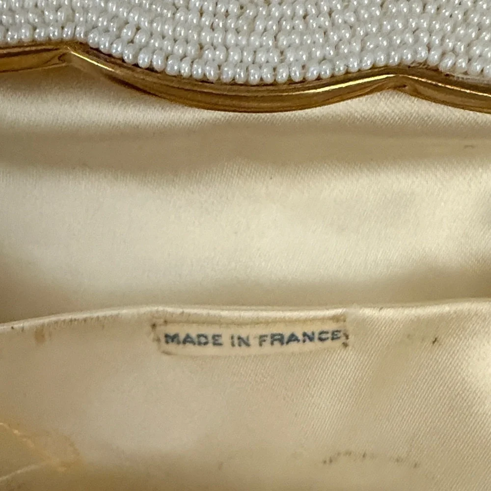 Vntg magid hand beaded made in France Cream wedding Clutch with Gold Trim
